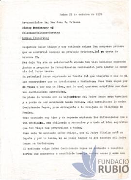 Carta emesa per Fernando Rubió Tudurí a Rev. Pare Juan B. Velasco