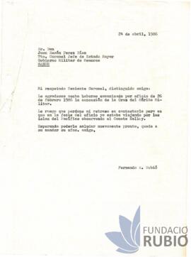 Carta emesa per Fernando Rubió Tudurí a Juan Ramón Pérez Díaz