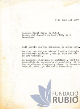 Carta emesa per Fernando Rubió Tudurí a Mercè Heras de Rubió
