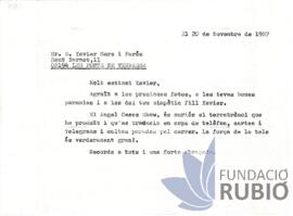Carta emesa per Fernando Rubió Tudurí a Xavier Mora i Parés