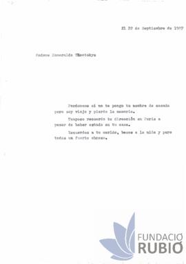 Carta emesa per Fernando Rubió Tudurí a Esmeralda Theotokys