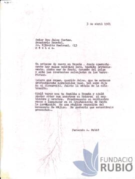 Carta emesa per Fernando Rubió Tudurí a Jaime Costas