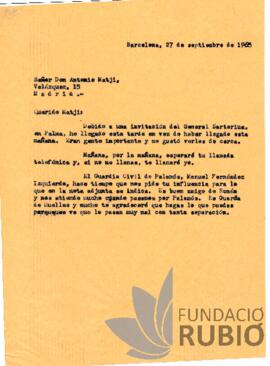 Carta emesa per Fernando Rubió Tudurí a Antonio Matji