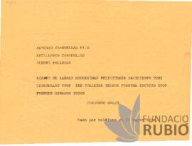 Telegrama emès per Fernando Rubió Tudurí a Antonio Cabanellas (Fill)