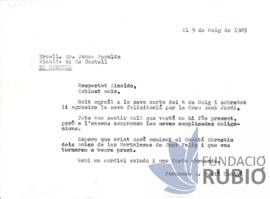 Carta emesa per Fernando Rubió Tudurí a Jaume Peralta