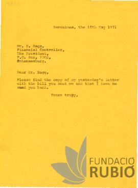 Carta emesa per Fernando Rubió Tudurí a S. Bagg
