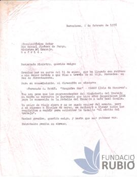 Carta emesa per Fernando Rubió Tudurí a Manuel Jiménez de Parga