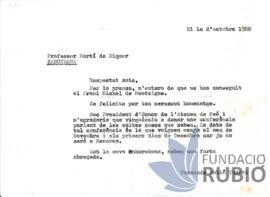 Carta emesa per Fernando Rubió Tudurí a Martí de Riquer