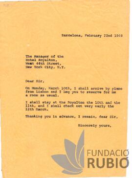 Carta emesa per Fernando Rubió Tudurí al director de l'Hotel Royalton