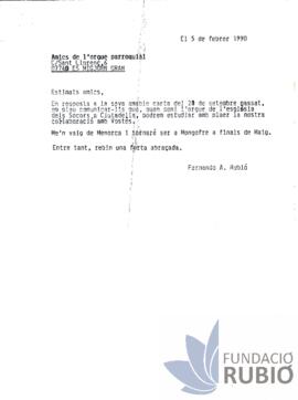 Carta emesa per Fernando Rubió Tudurí als Amics de l'Orgue Parroquial d'Es Migjorn Gran