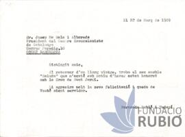 Carta emesa per Fernando Rubió Tudurí a Josep Ma Sala i Albareda