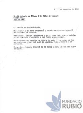 Carta emesa per Fernando Rubió Tudurí a Maria Antonia de Olives i de Vidal de Simonet