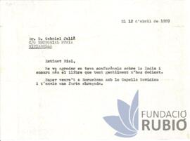Carta emesa per Fernando Rubió Tudurí a Gabriel Julià