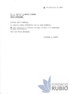 Carta emesa per Fernando Rubió Tudurí a Gabriel Llambias Llabrés