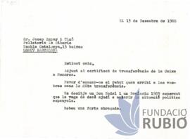 Carta emesa per Fernando Rubió Tudurí a Josep Espar i Ticó