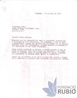 Carta emesa per Fernando Rubió Tudurí a Rev. Pare Angel Hidalgo Santidrián