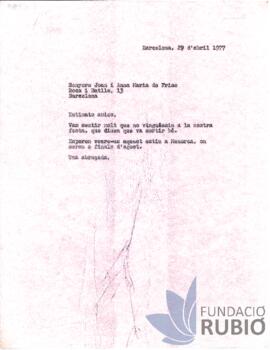 Carta emesa per Fernando Rubió Tudurí a Joan i Anna M. de Frias