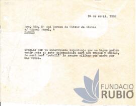 Carta emesa per Fernando Rubió Tudurí a Mª del Carmen de Olivar de Sintes