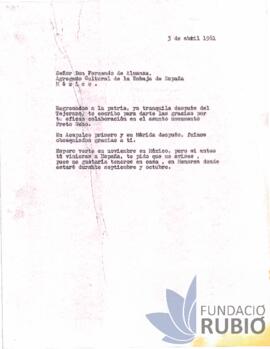 Carta emesa per Fernando Rubió Tudurí a Fernando de Almansa