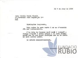 Carta emesa per Fernando Rubió Tudurí a Olivia Vidal Florit