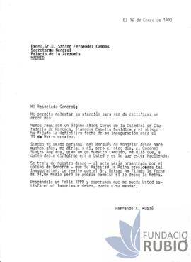 Carta emesa per Fernando Rubió Tudurí a Sabino Fernández Campo