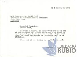 Carta emesa per Fernando Rubió Tudurí a Jordi Pujol