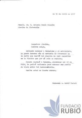 Carta emesa per Fernando Rubió Tudurí a Antoni Orell Calafat