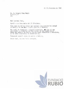 Carta emesa per Fernando Rubió Tudurí a Antonio Pons Monjo