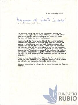 Carta emesa per Fernando Rubió Tudurí a M. Auxiliadora (de) Olivar