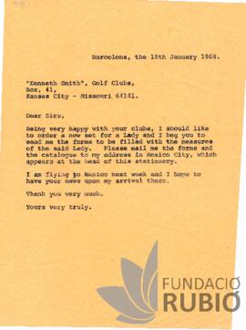 Carta emesa per Fernando Rubió Tudurí a "Kenneth Smiths" Golf Clubs
