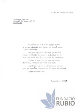 Carta emesa per Fernando Rubió Tudurí a Edicions Destino