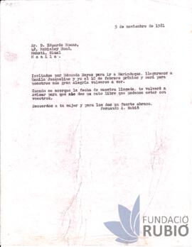 Carta emesa per Fernando Rubió Tudurí a Eduardo Roxas