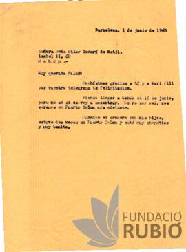 Carta emesa per Fernando Rubió Tudurí a Pilar Tudurí de Matji