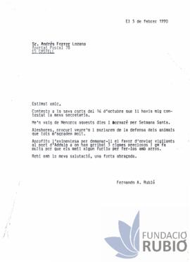 Carta emesa per Fernando Rubió Tudurí a Andrés Ferrer Lozano
