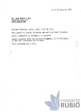 Carta emesa per Fernando Rubió Tudurí a Juan Rubió i Senyora