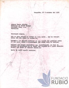 Carta emesa per Fernando Rubió Tudurí a Ramon Solanes