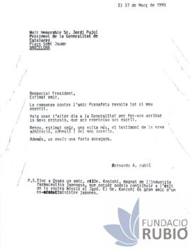 Carta emesa per Fernando Rubió Tudurí a Jordi Pujol