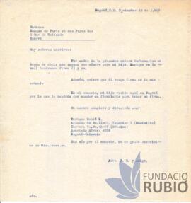 Carta emesa per Fernando Rubió Tudurí al Banque de Paris et des Pays-Bas