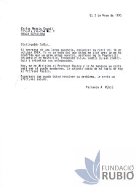 Carta emesa per Fernando Rubió Tudurí a Carlos Heaxts Gasull