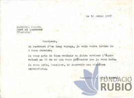 Carta emesa per Fernando Rubió Tudurí a Hannibal Palace