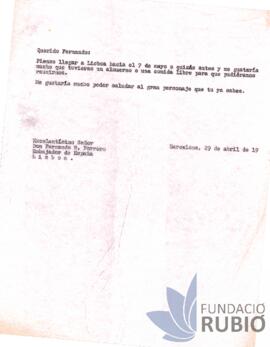 Carta emesa per Fernando Rubió Tudurí a Fernando Porrero