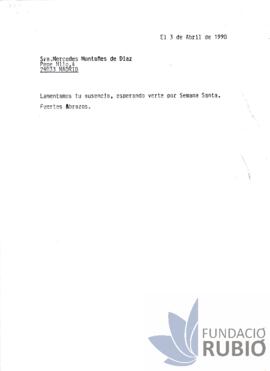 Carta emesa per Fernando Rubió Tudurí a Mercedes Montañés de Díaz