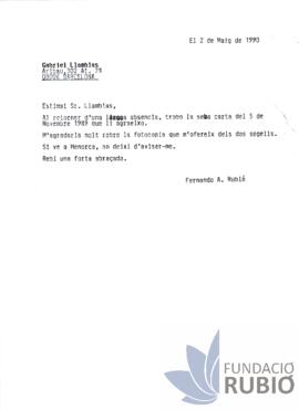 Carta emesa per Fernando Rubió Tudurí a Gabriel Llambias