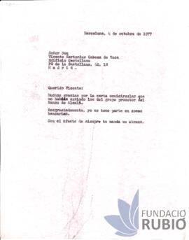 Carta emesa per Fernando Rubió Tudurí a Vicente Sartorius Cabeza de Vaca