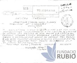 Telegrama emès per Fernando Rubió Tudurí a Cardenal Narcís Jubany