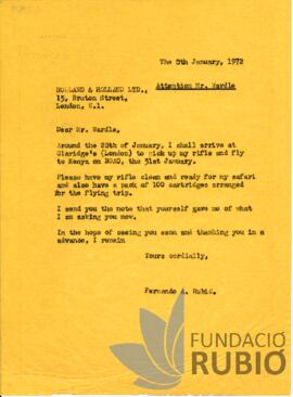 Carta emesa per Fernando Rubió Tudurí a Sr. Wardle (Holland & Holland Ltd.)
