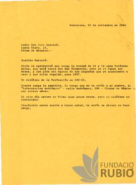 Carta emesa per Fernando Rubió Tudurí a Juan Barceló