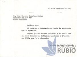 Carta emesa per Fernando Rubió Tudurí a Llorenç Capafons Sintes