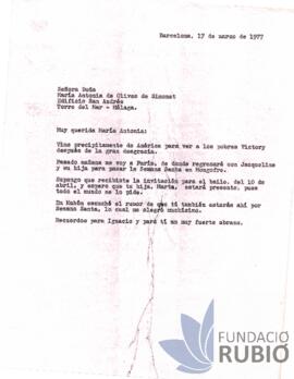 Carta emesa per Fernando Rubió Tudurí a María Antonia de Olives de Simonet