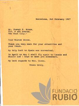 Carta emesa per Fernando Rubió Tudurí a Joseph P. Binns